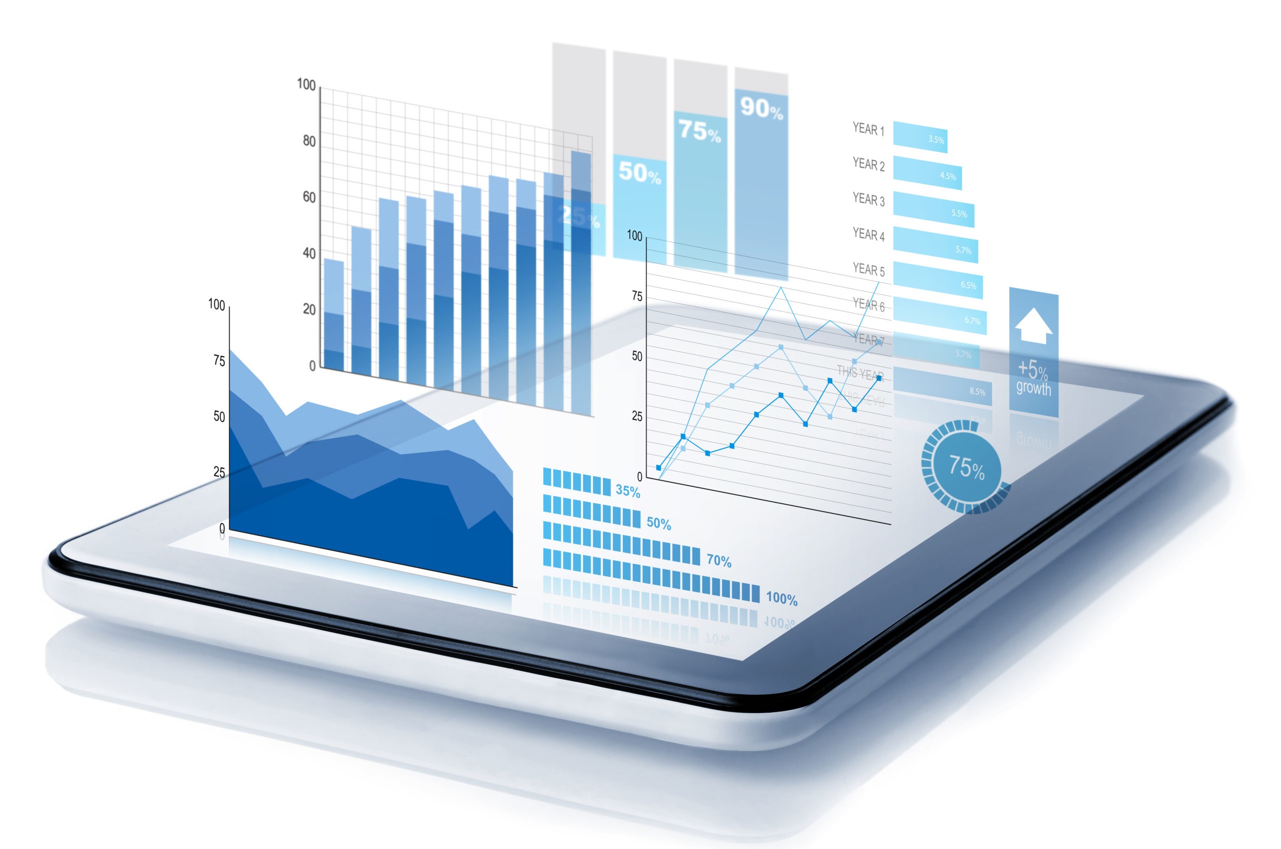 Power analytics. Графики про компьютер. Диаграмма на планшете. Информационные технологии на белом фоне. Аналитика данных.